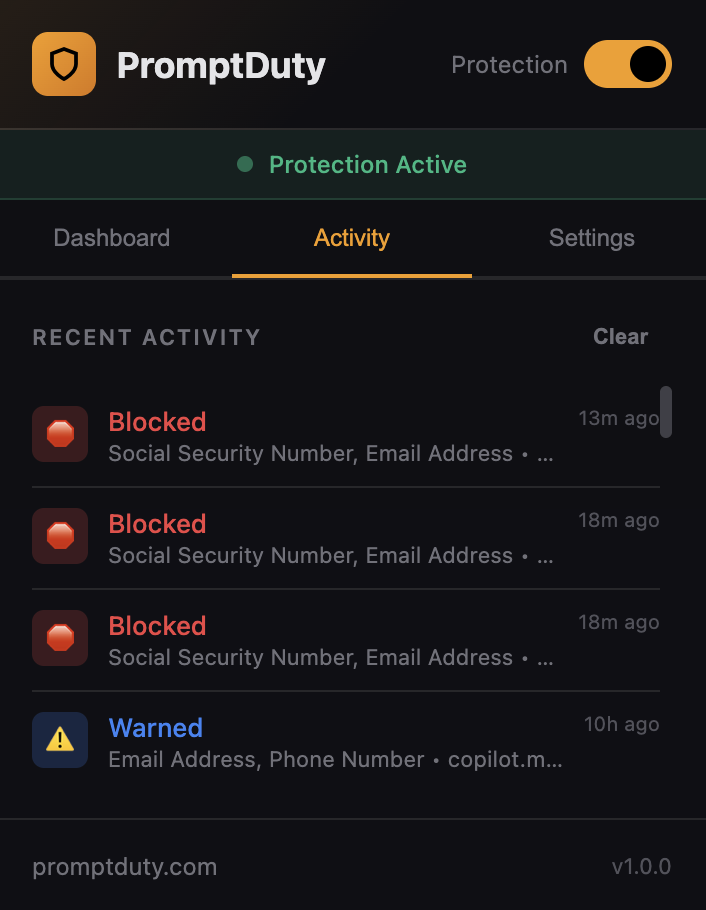 Activity log in extension popup showing recent detections with timestamps and actions taken