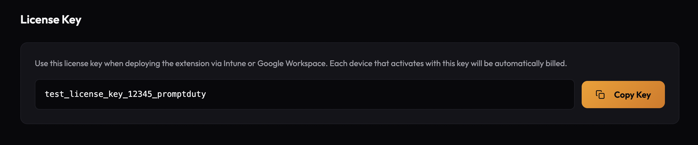 Dashboard showing the License Key section with Copy button
