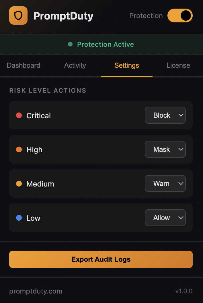 Detection rules settings in extension popup